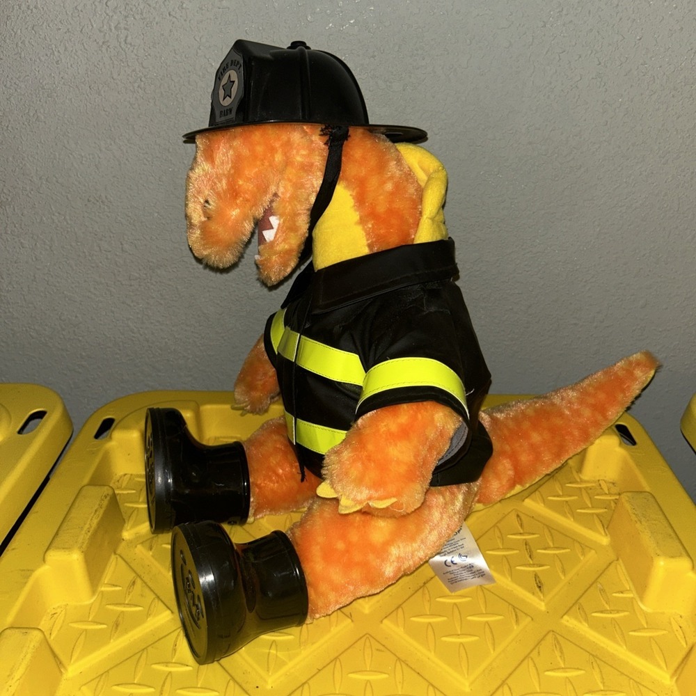Build-A-Bear, BAB 2021 16" Orange Velociraptor Dinosaur Plush Fireman Clothes